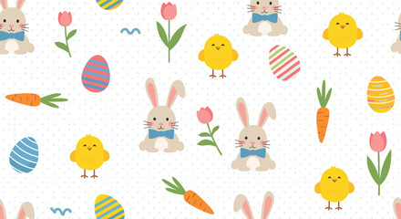 Fototapeta premium A cheerful and seamless Easter pattern for kids featuring cute bunnies, yellow chicks, carrots, and colorful decorated eggs.