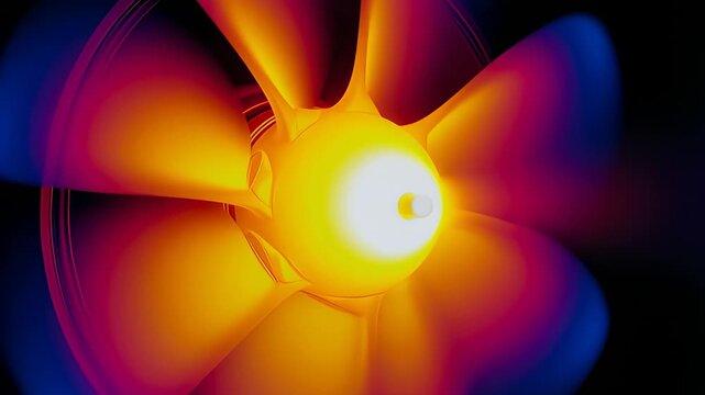 Thermal imaging view of spinning fan blades glowing with orange heat and blue cool tones in a seamless loop, illustrating ventilation and thermodynamics concepts