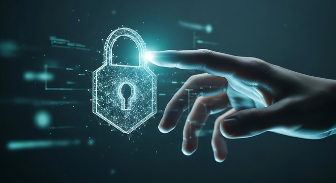 Digital Security concept hand touching padlock hologram abstract technology background