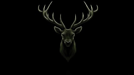 Simple yet powerful vector illustration of head and antlers of ethereal deer rendered in dark green against black background symbolizing mystery and power