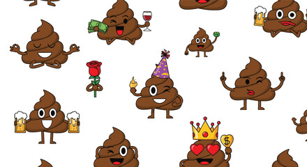 Fototapeta premium Funny and seamless pattern of various cartoon poop emojis with different expressions and activities on a clean white background.