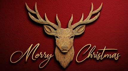 Deer head Christmas card with text merry christmas in golden lettering on red background for holiday greeting design
