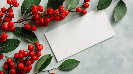 Blank white business card mockup with red holly berries and green leaves on left side against light gray background with space for design or text