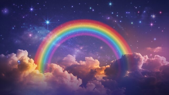 Vibrant Rainbow Over Magical Clouds and Starry Night Sky