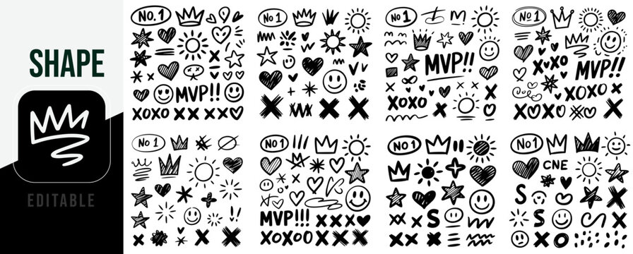 Hand drawn doodle shapes and symbols collection in black and white