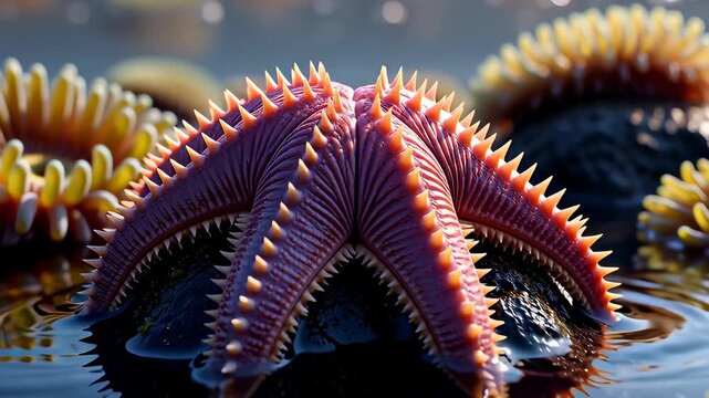 Spiny purple starfish resting on a wet rock inside a shallow tide pool with yellow anemones, depicting marine life in a cinematic macro style
