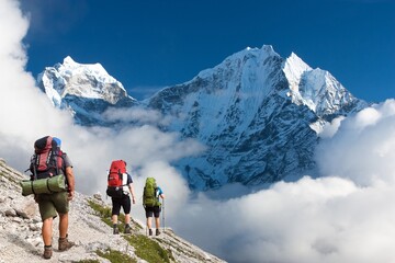 Obraz premium Mount Kangtega and Thamserku peak with three hikers