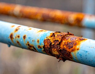 Close-up of rusted blue metal pipes, showing peeling paint and orange corrosion against a blurred, muted background