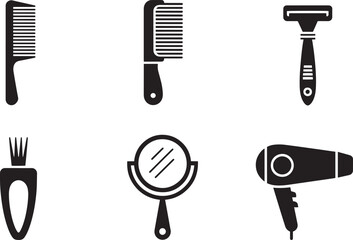 Set of black silhouette icons representing various hairdressing and grooming tools on checker background