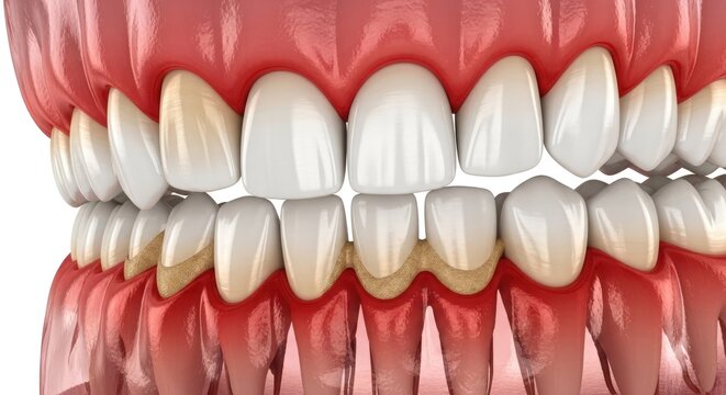 Illustration of Human Teeth and Gums Showing Periodontitis with Inflamed Gums Affected by Dental Plaque and Tartar Build Up Resulting in Bleeding Bad Breath and Tooth Loss