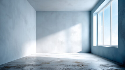 Completed smooth drywall ready for painting. A clean interior space with newly finished drywall walls glowing softly in daylight. Minor imperfections and gentle exposure gradients