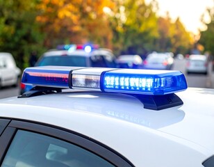 Emergency vehicle's light bar atop a white car with blurred vehicles and trees in background on a sunny day