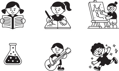 Obraz premium Set of outline icons featuring various children engaged in educational and creative activities