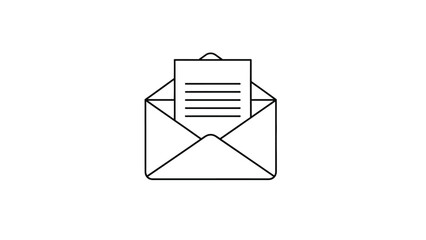 Simple line art icon of an open envelope containing a letter or document. Vector illustration representing mail, email, message, and communication