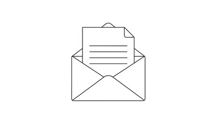 Vector line drawing of an open mail envelope containing a letter. A simple, single icon symbolizing messages, correspondence, and communication