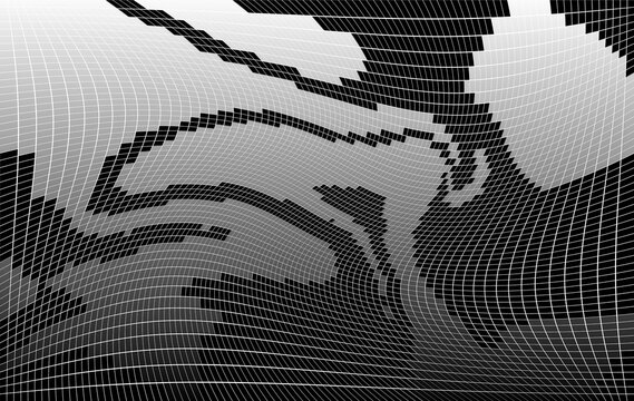 Abstract background featuring a warped digital grid mesh with flowing curved lines and pixel block details. Perfect for designers seeking a dynamic and visually striking geometric mesh pattern.