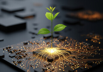Clean Energy Future Concept – Nature Sprout on Tech Chip