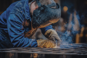 An industrial welding worker uses a protective helmet as sparks fly from the metal surface in a dark workshop.