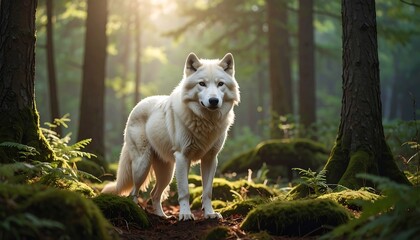 Obraz premium Majestic white wolf in a sunlit forest