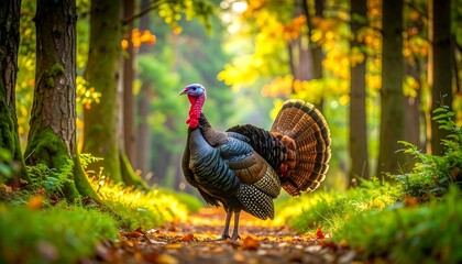 Fototapeta premium Majestic wild turkey in autumn forest path