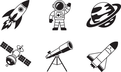 Space exploration icons set featuring astronaut rocket planet satellite telescope and shuttle symbols © lok0077