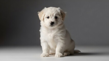 Fluffy white puppy sitting on grey background, adorable clean studio portrait capturing soft fur and sweet innocent expression.
