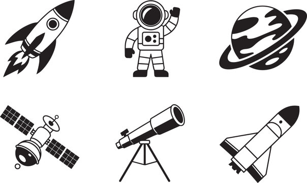 Space exploration icons set featuring astronaut rocket planet satellite telescope and shuttle symbols