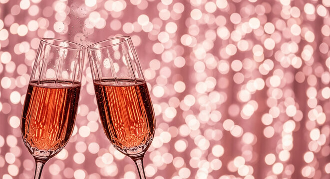 Two crystal glass of sparkling liquid. Pink bokeh background, creates festive, celebratory atmosphere, symbolising toast, achievement, and special occasion