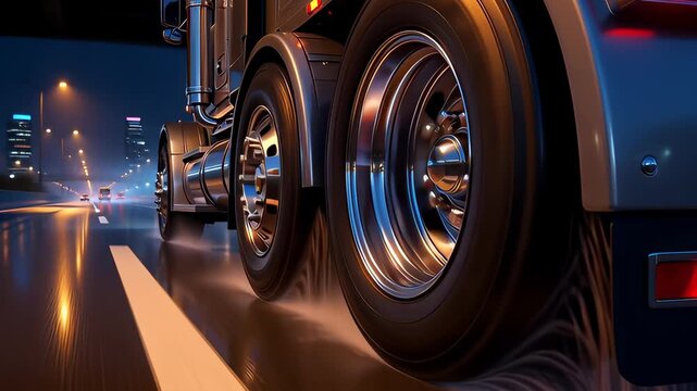 Close up of chrome semi truck wheels rolling fast on a wet highway at night, illustrating logistics transport in a realistic 3D animation.