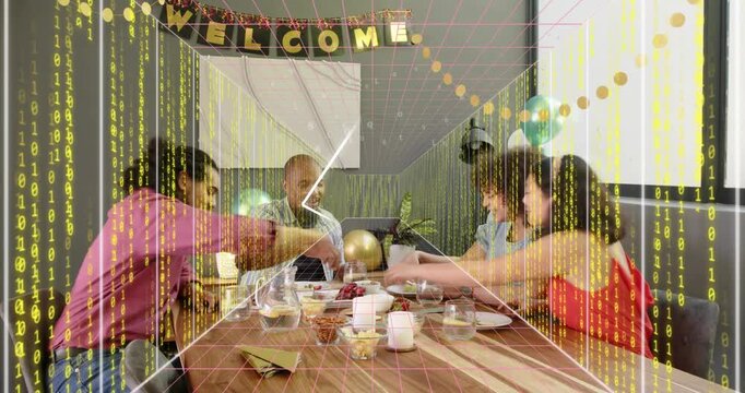 4 friends reaching on welcome cue, serving for events while animated overlay flowing over hands