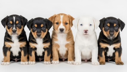 Three cute puppies sitting together in studio, adorable pet portrait showcasing friendly expressions and bright soft lighting.
