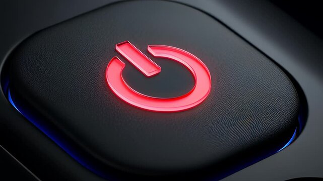 Cinematic macro view of a black remote control power button glowing intense neon red, symbolizing system activation or shutdown concepts.