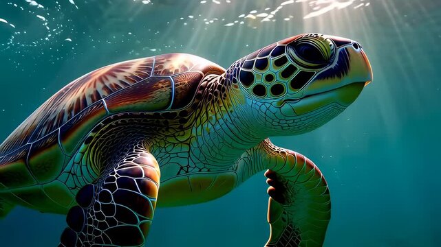 Majestic green sea turtle swimming through deep blue ocean water illuminated by bright sun rays in a cinematic animation, ideal for marine life conservation concepts.