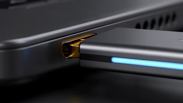 Sleek gold USB flash drive plugging into a laptop port with glowing blue light in a cinematic macro shot, illustrating data transfer concepts