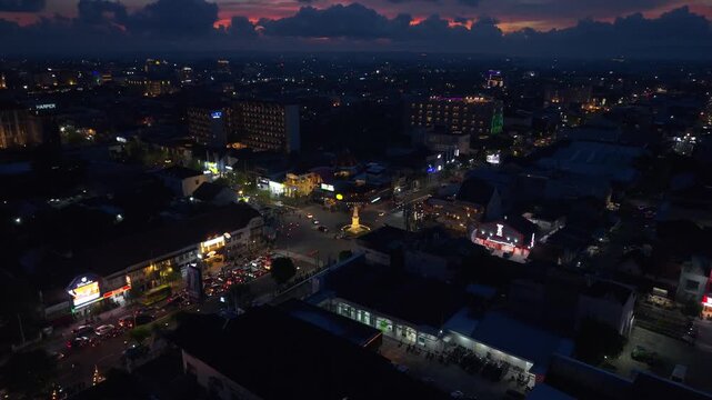 Aerial view of Tugu jogja at dusk, Indonesia.