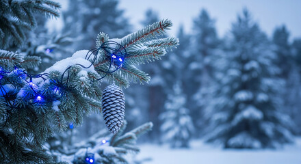 Snow-covered pine branch with blue lights and cone. Symbolizes winter holiday, winter, New Year, and Christmas celebration in a cold, outdoor setting.