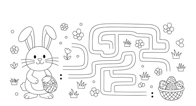 Easter themed maze puzzle and coloring page for children, help the bunny find the path to the basket of eggs.