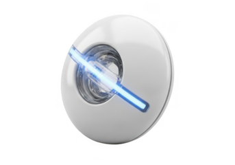 Futuristic white sphere with glowing blue light isolated on transparent background for technology and innovation