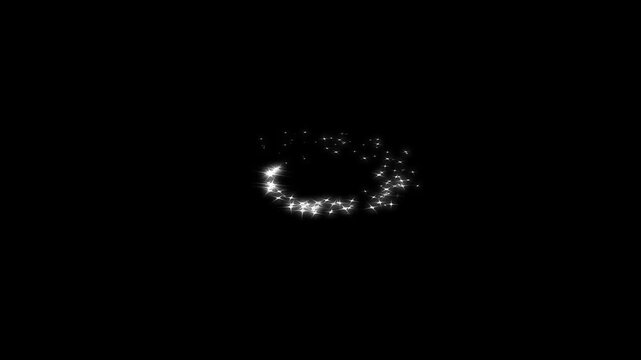 Magical white glitter sparkles  star line trails swirling , glowing white stars, shimmer particle motion, glitter confetti burst, starlight doodle curves, sparkling dust transition on black screen. 4K
