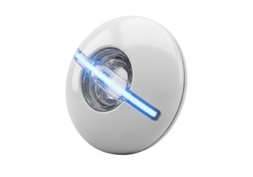 Futuristic white sphere with glowing blue light isolated on transparent background for technology and innovation