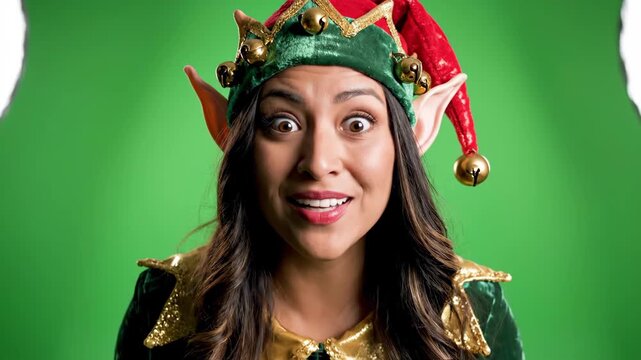 Expressive Christmas Elf Gasps in Shock and Amazement Against a Green Screen Background