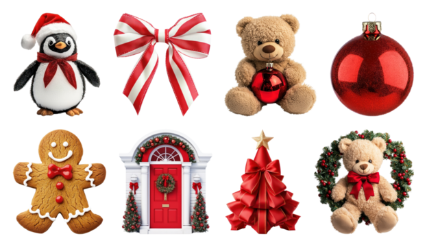 PNG Festive holiday decorations collection, element set on transparent background