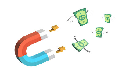 Illustration of a Magnet Pulling Flying Dollar Bills. Symbolizing Money Attraction, Business Growth, Marketing Success and Finance Concepts. Perfect for Ads, Websites and Social Media.