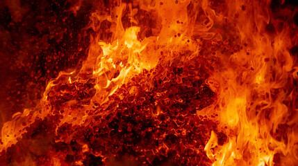 Dynamic fiery background with vibrant orange flames and glowing red embers. Intense heat and burning texture for a powerful, energetic abstract backdrop.