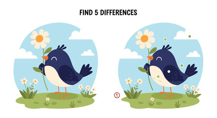 Educational find five differences picture puzzle game for kids featuring a cute blue bird holding a daisy in a spring meadow.