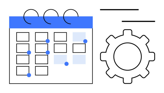 Calendar with highlighted dates and settings gear illustrating scheduling, time management, task automation, and productivity optimization. Ideal for planning, workflow, deadlines, teamwork
