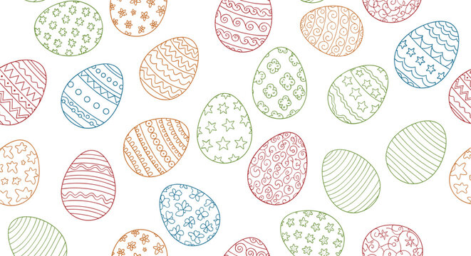 Seamless background pattern featuring hand-drawn colorful doodle Easter eggs with various simple ornaments, isolated on a white backdrop. - Powered by Adobe