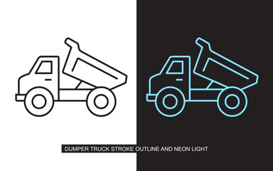 Dump truck outline and neon illustration on split background
