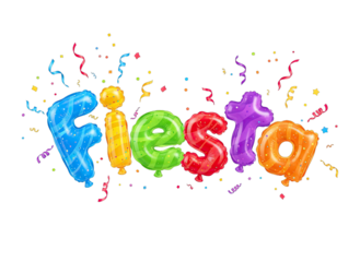 Colorful Fiesta Balloons with Confetti and Streamers Forming the Word Fiesta on a Transparent Background