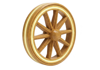 Ancient wooden wheel with golden glowing rim isolated on transparent background for vehicle and mythology concepts